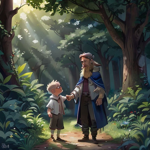a man and a boy are walking through the woods together holding hands and looking at each other with a light shining through the trees