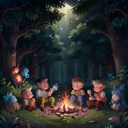 a group of children sitting around a campfire in the woods at night with a light shining on them