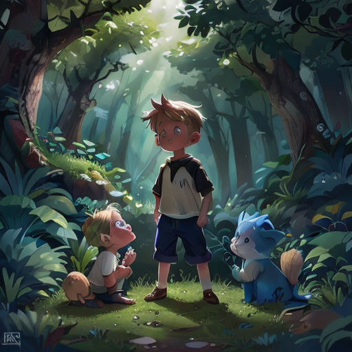 a boy standing in the middle of a forest with two animals and a dog sitting on the ground next to him