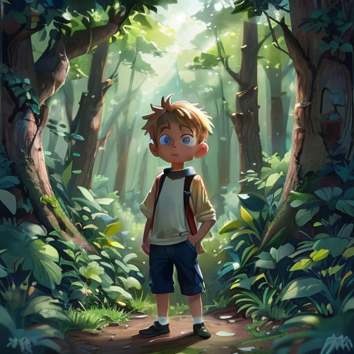 a boy standing in the middle of a forest with a backpack on his back and a bird on his shoulder