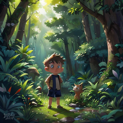a boy standing in the middle of a forest with a cat nearby on a sunny day with sunlight streaming through the trees