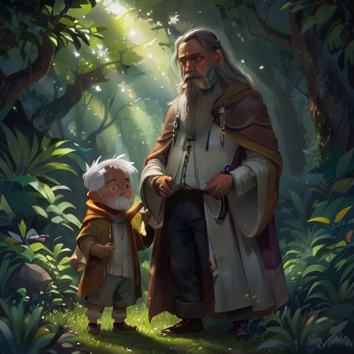 a man and a child standing in the woods with a light shining on them and a forest background with trees