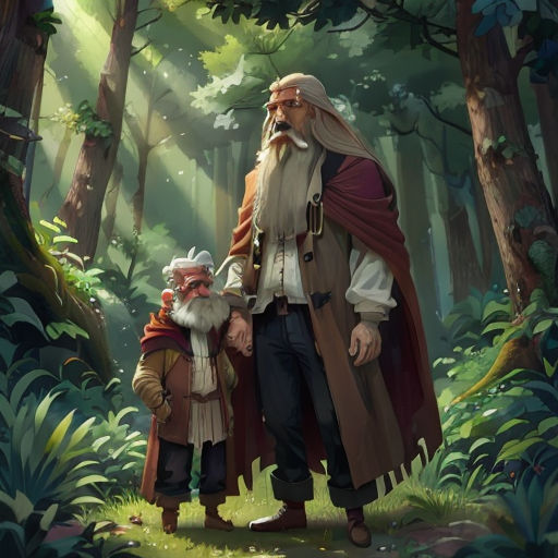 a man and a woman standing in the woods together, holding hands and looking at each other with a forest background