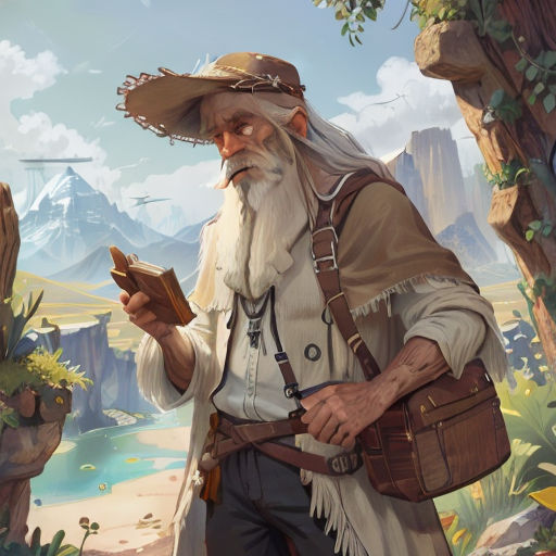a man with a long white beard and a long white beard is holding a book in his hand and a mountain in the background