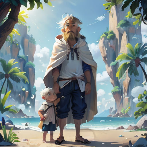a man and a child standing on a beach in front of a mountain range with palm trees and a body of water