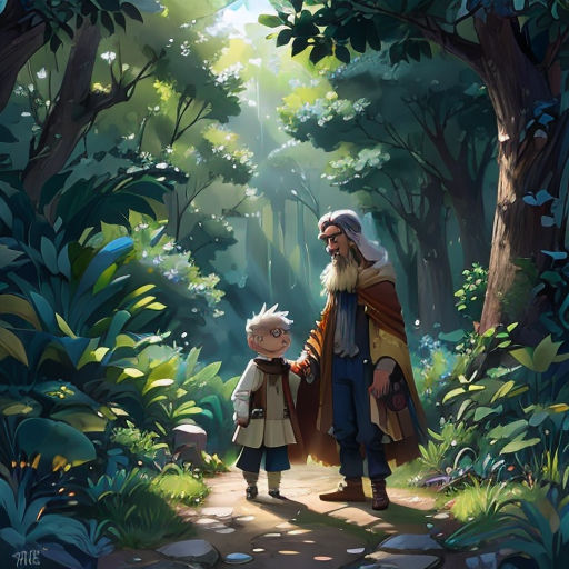 a man and a child walking through a forest together with a light shining on them and trees in the background