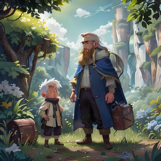 a man and a child standing in a forest with a trunk and trunk bag on the ground, and a man with a beard and a beard, wearing a blue coat,