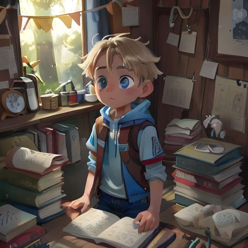 a boy sitting at a desk with a book and a clock in the background and a pile of books on the desk