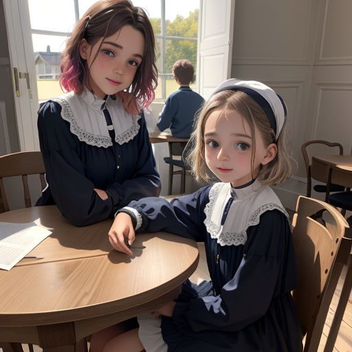 two young girls sitting at a table in a room with a window and a table with a book on it