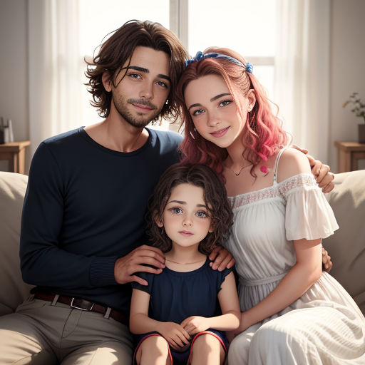 a man and woman sitting on a couch with a child in front of them and a window behind them