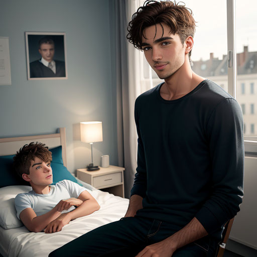 a man and a boy sitting on a bed in a room with a window and a picture on the wall