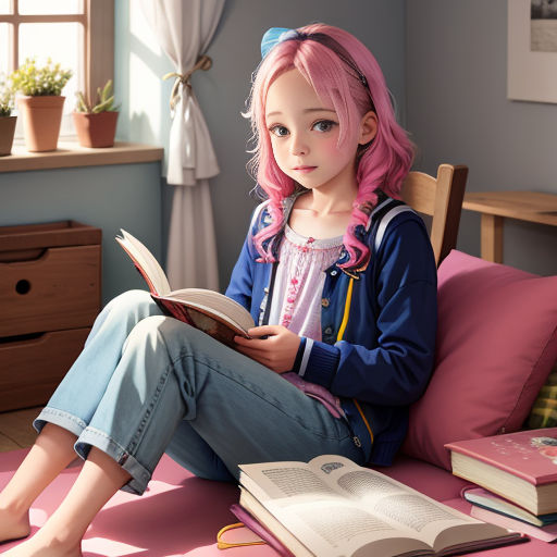 a girl sitting on a bed reading a book with pink hair and blue eyes and pink hair, wearing a blue jacket and jeans