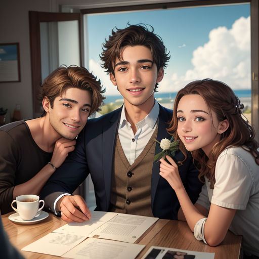 a couple of people sitting at a table with a cup of coffee and a rose in their hand and a book