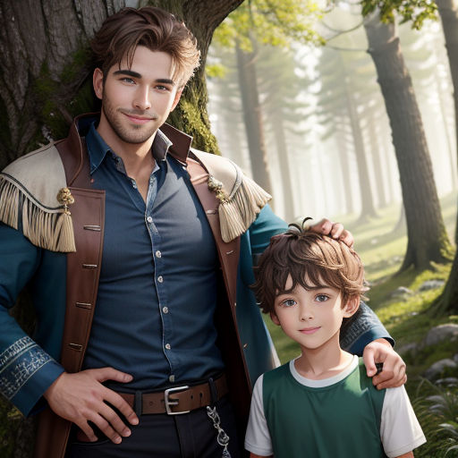 a man and a boy are standing in the woods together, posing for a picture together, with a tree in the background
