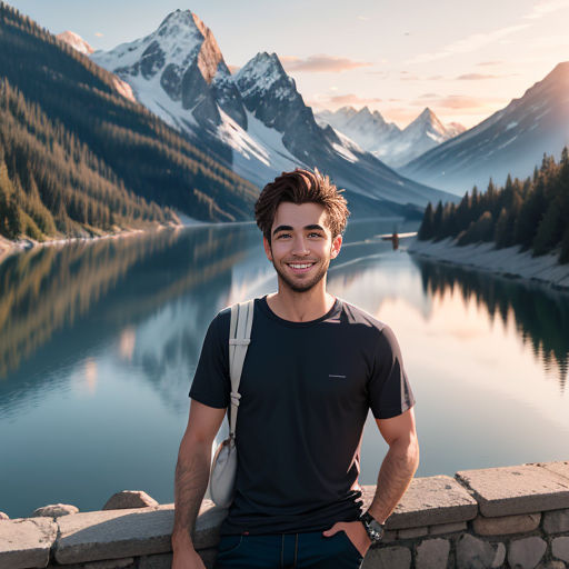 a man standing on a wall next to a lake with mountains in the background and a sunset in the sky