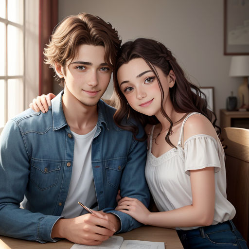 a young man and woman sitting at a table with a book and pen in their hands, posing for a picture