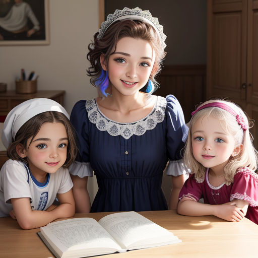 three children are sitting at a table with an open book in front of them and a woman is standing behind them
