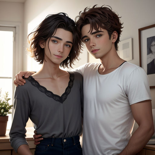 a couple of people standing next to each other in a room with a window and a plant in the background