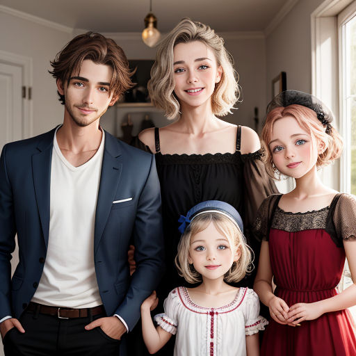 a family posing for a picture in a house with a window behind them and a man in a suit and tie