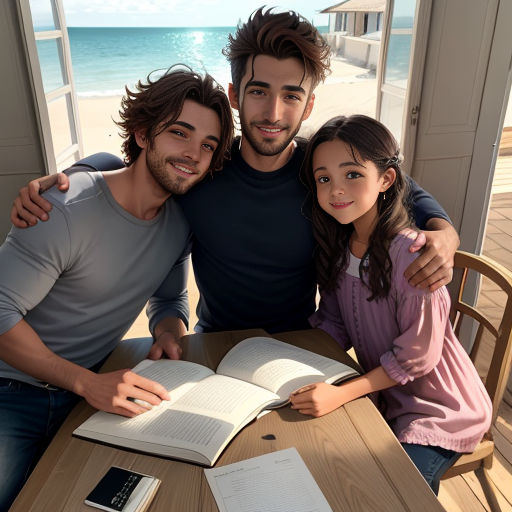 a man and two girls are sitting at a table with an open book in front of them, and a window is in the background