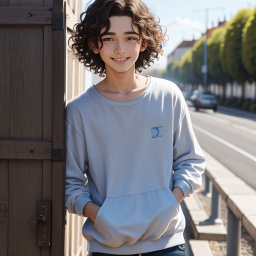 a young boy standing next to a wooden door with his hands in his pockets and smiling at the camera
