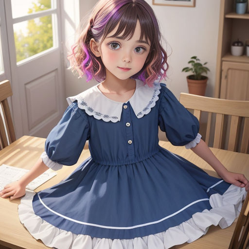 a little girl sitting at a table with a book in her hand and a pen in her other hand