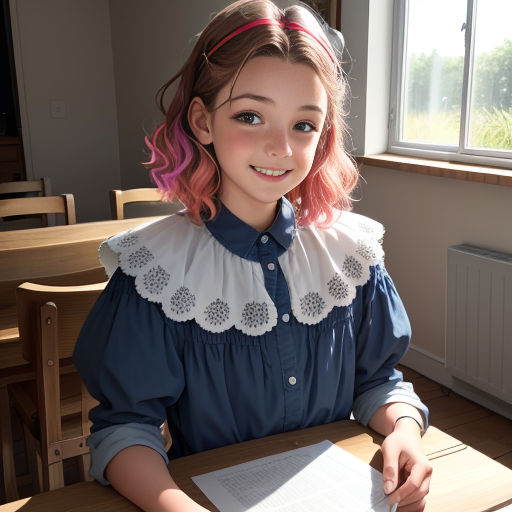 a girl with pink hair sitting at a table with a book and pen in her hand and smiling at the camera