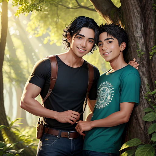 a couple of people standing next to each other near a tree and a forest with a sun shining through the trees