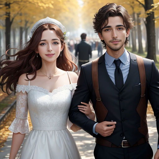 a man and a woman are walking down a street together in formal wear and a tiara on their head