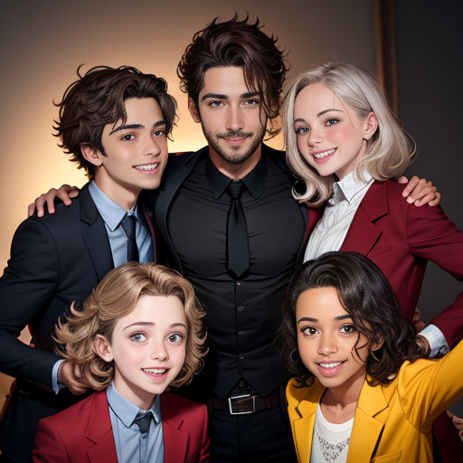 a group of people posing for a picture together in a room with a light on the wall behind them