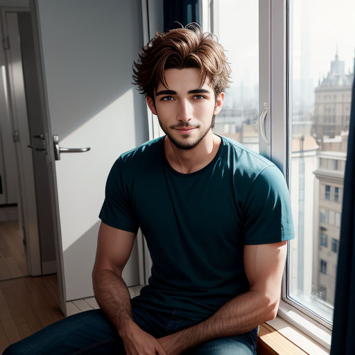 a man sitting on a window sill looking out the window at the city below him and smiling at the camera