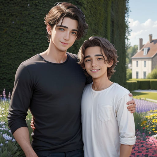 a young man and a young man standing next to each other in front of a garden with flowers and a house