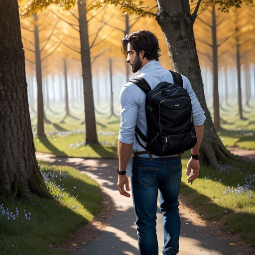 a man with a backpack walking down a path in the woods with trees and flowers on both sides of the path