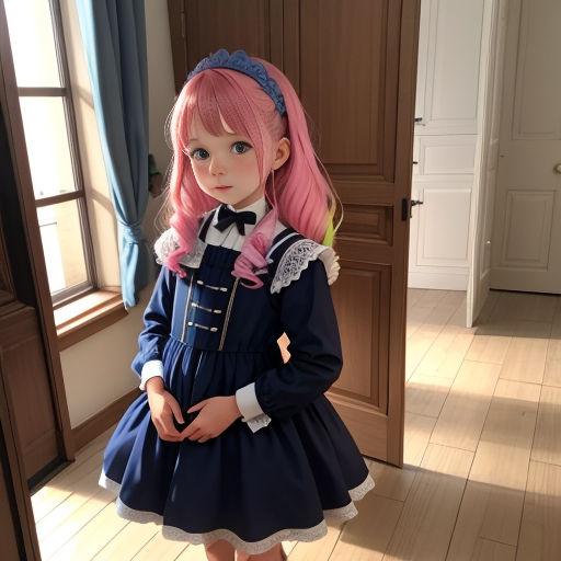 a doll is standing in a room with a pink hair and blue dress and a pink bow tie on her head
