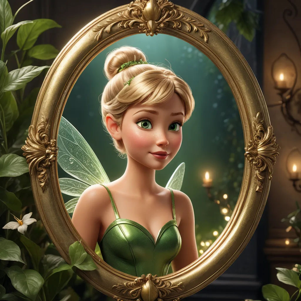 a cartoon picture of a tinkerbell fairy with a green dress and a gold frame around her neck, magic realism, a character portrait, Clarice Beckett, unreal engine 5 quality render