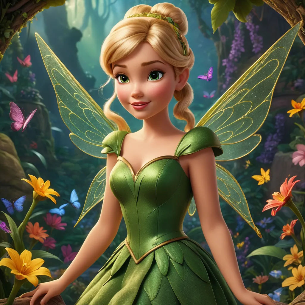 a cartoon character dressed in a green dress with a butterfly on her shoulder and a flower in her hair, magical realism, a 3D render, disney, unreal engine 5 quality render