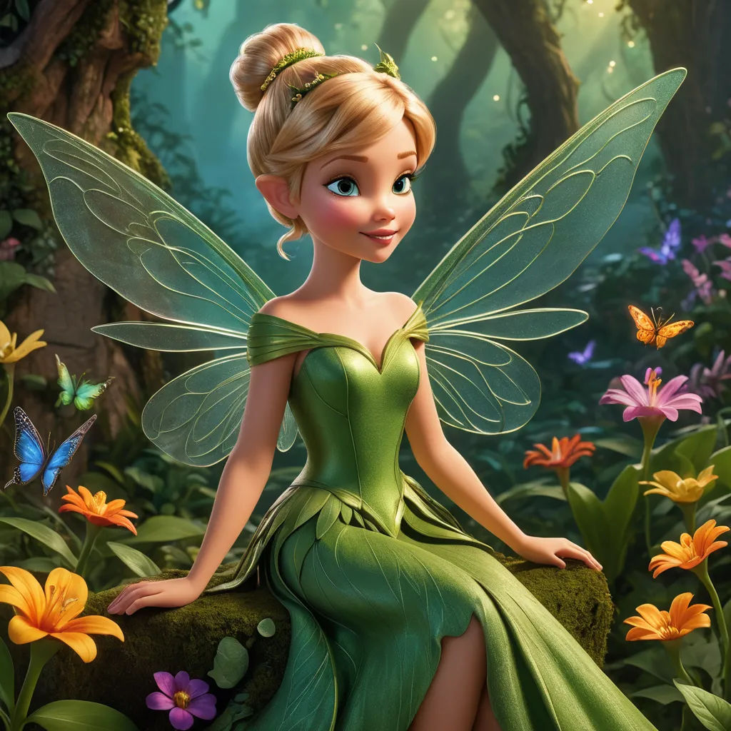 a beautiful young lady dressed in green sitting on a rock in a forest with flowers and butterflies around her, magic realism, a 3D render, disney, promotional image