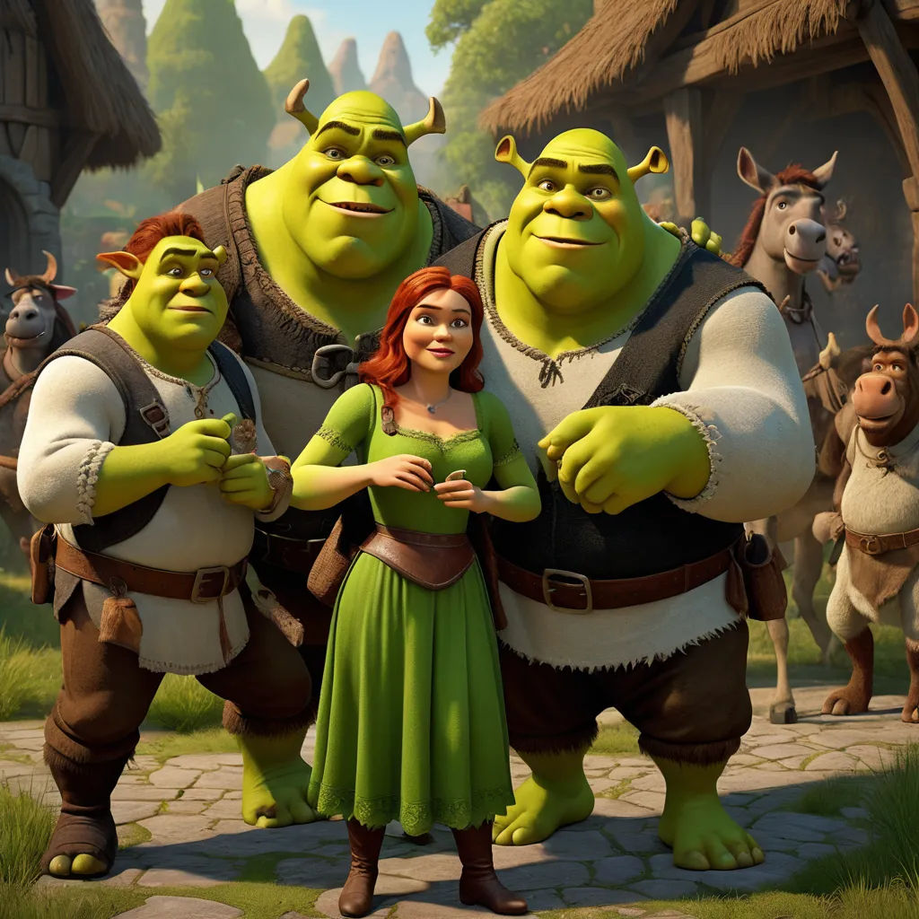 a group of animated characters standing in front of a village of people in a cartoon style scene with a woman in a green dress, antipodeans, concept art, Andries Stock, 8 k concept art