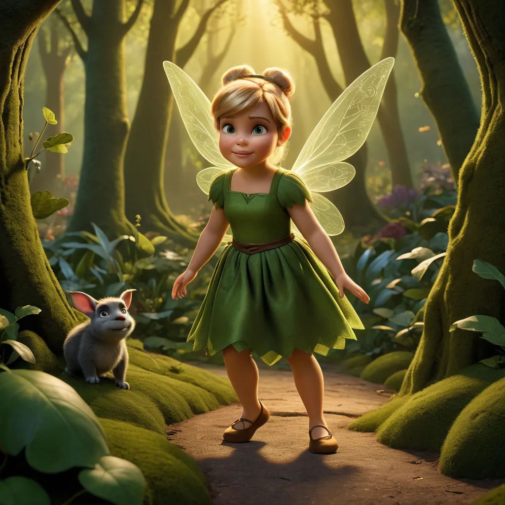 a little girl dressed in a green fairy costume standing in a forest with a cat nearby and a light shining on her, magical realism, a poster, disney, promotional image
