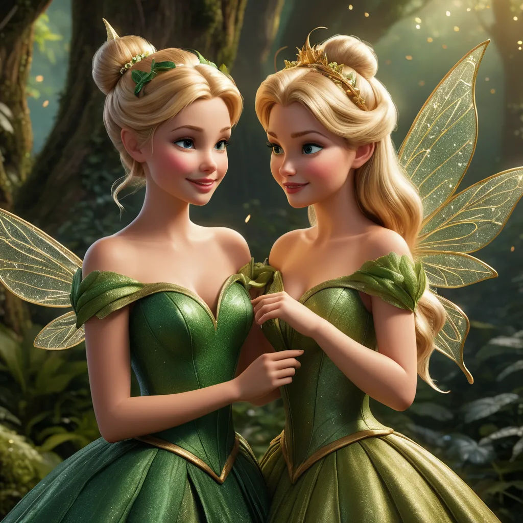 two beautiful young women dressed in green fairy costumes standing next to each other in a forest with a tree, fantasy art, a 3D render, disney, rossdraws global illumination