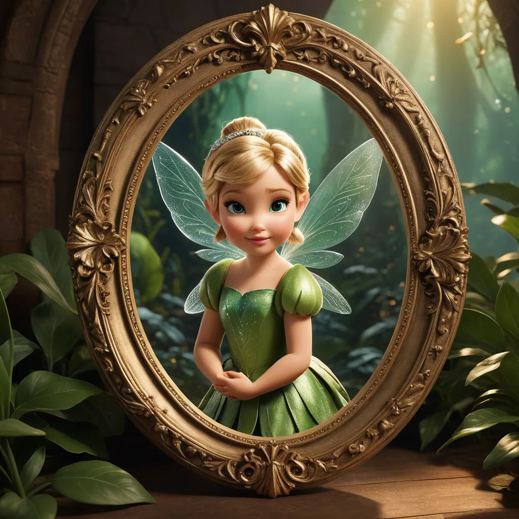 a picture of a fairy with a green dress and a gold frame in front of a mirror with a picture of a fairy, magic realism, a 3D render, Christabel Dennison, promotional image