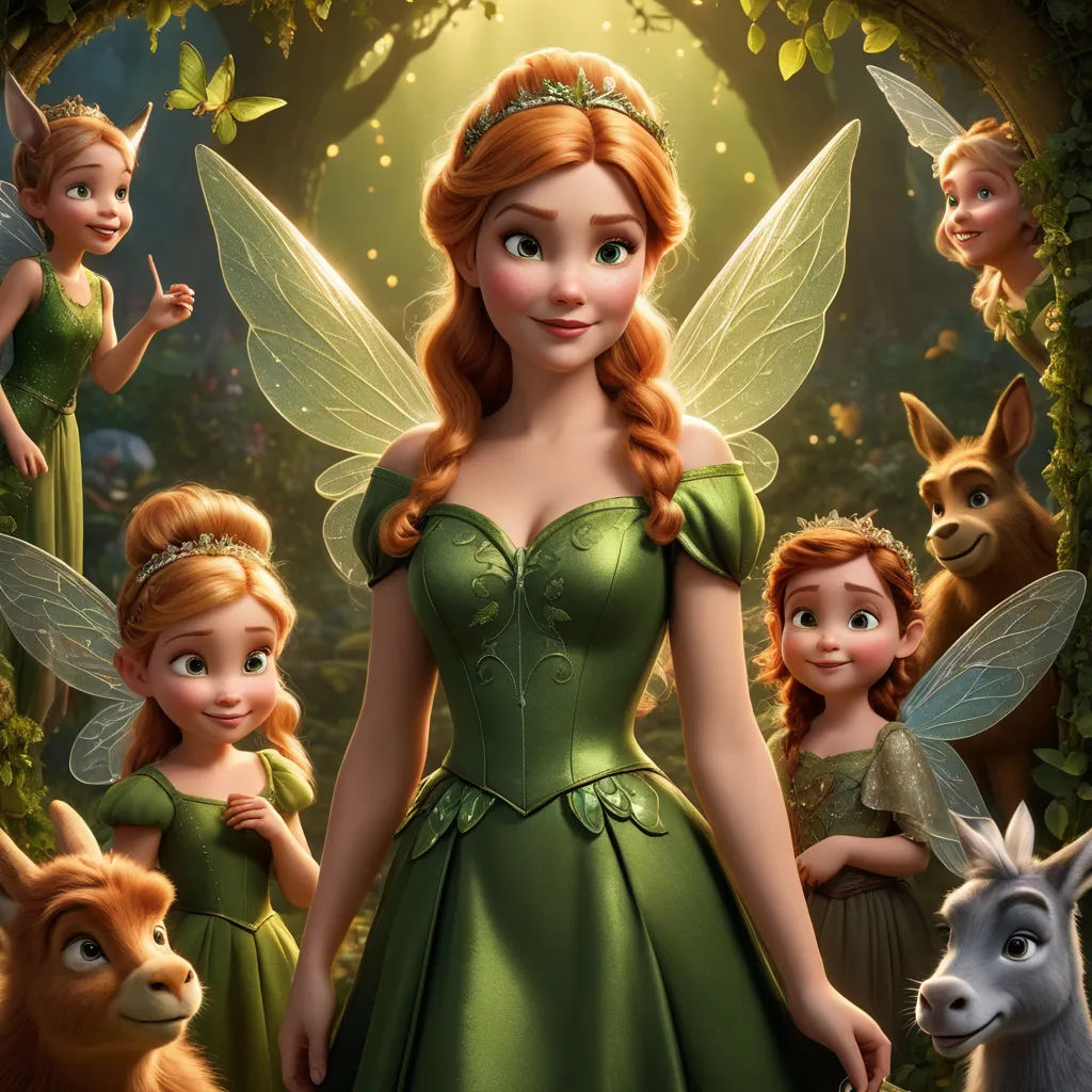 a group of people dressed in green and some animals and trees in the background with a fairy tale scene, magical realism, a poster, disney, official art