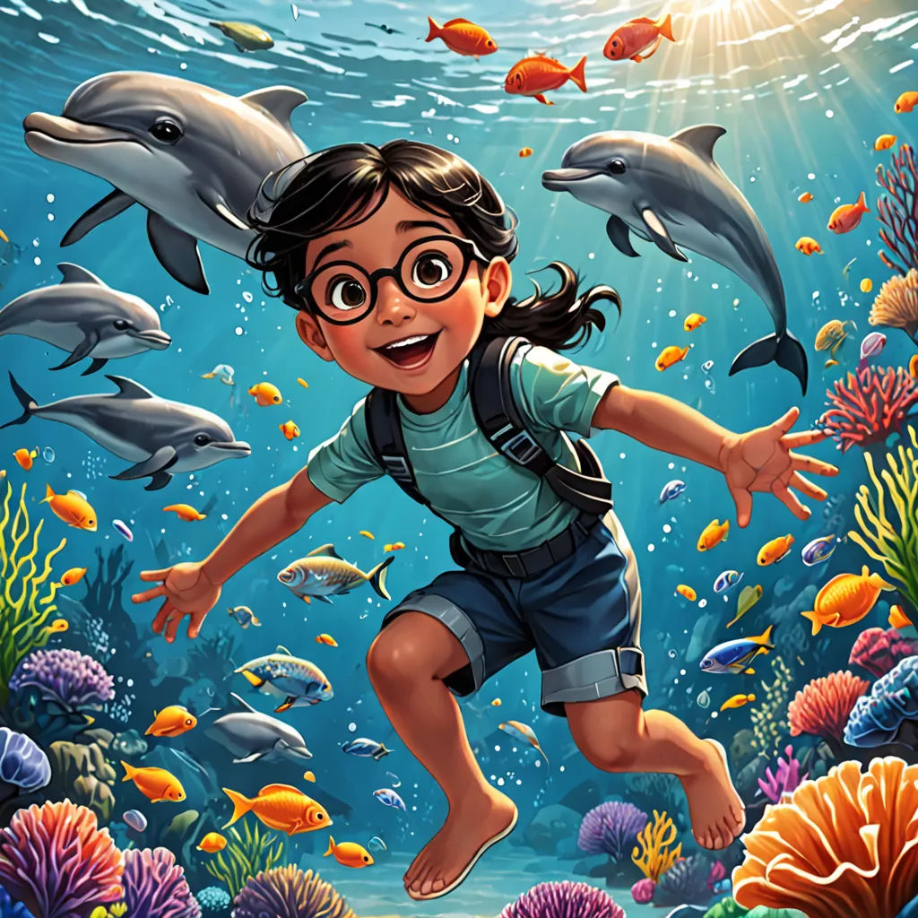 a boy is diving in the ocean with dolphins and other fish around him and smiling at the camera,, magical realism, a storybook illustration, Cliff Childs, comic cover art