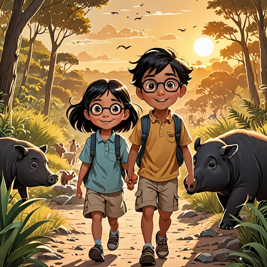 a couple of kids walking down a dirt road next to a pig and a forest with birds flying overhead, private press, a storybook illustration, Diego Gisbert Llorens, official art