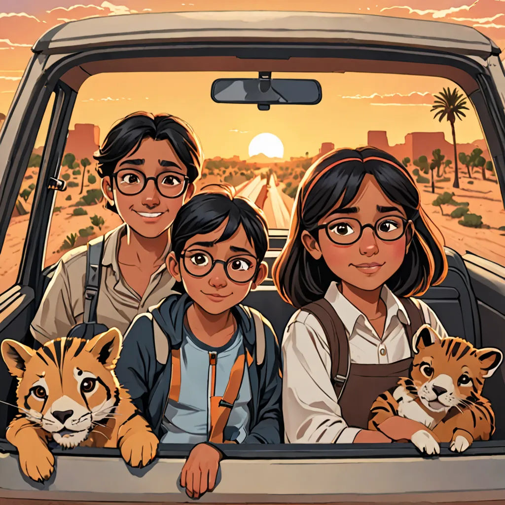 a family of three sitting in a car with a tiger in the back seat and a sunset in the background, serial art, a storybook illustration, Asaf Hanuka, graphic novel