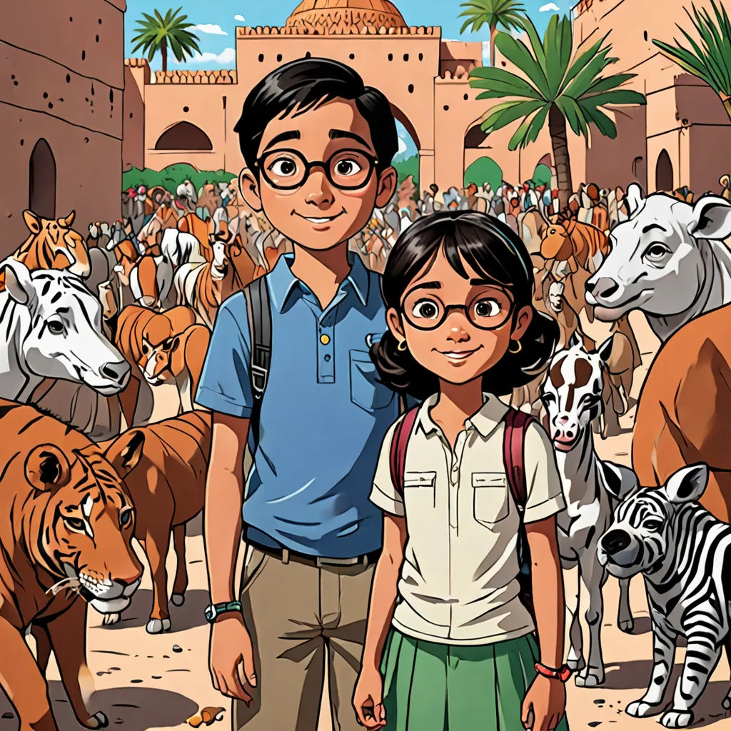 a man and a girl standing in front of a crowd of animals and zebras in a zoo like setting, samikshavad, a storybook illustration, Asaf Hanuka, book cover