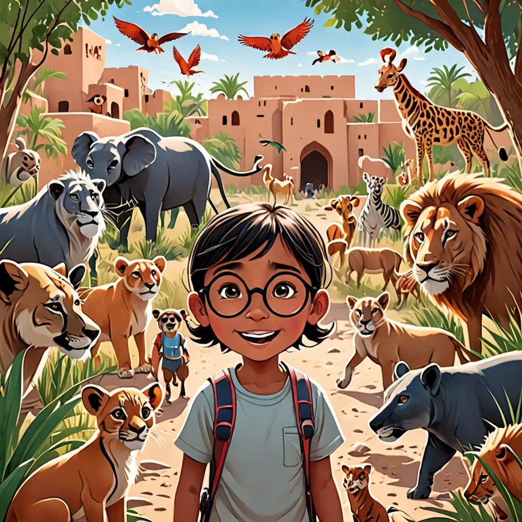a boy with a backpack standing in front of a group of animals in a jungle setting with a giraffe, lion, rhino, rhino, and rhino, serial art, a storybook illustration, Asaf Hanuka, comic cover art