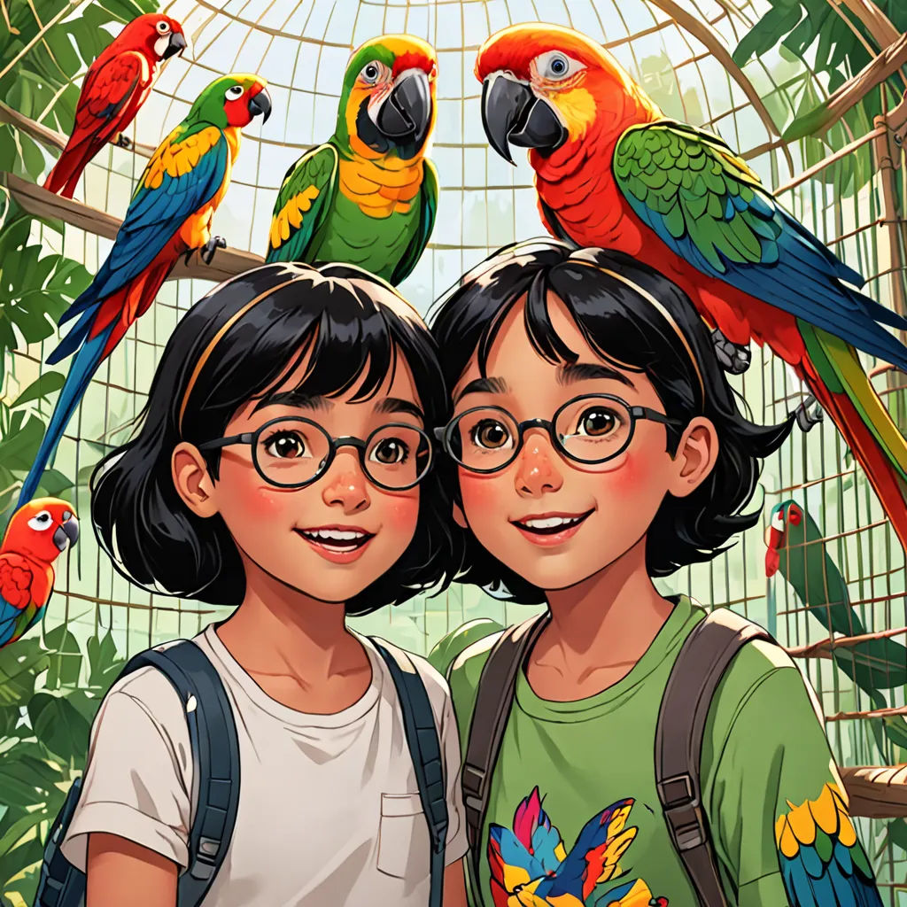 two children standing next to each other with parrots on their heads and a cage behind them with a bird cage in the background, paris school, a comic book panel, Diego Gisbert Llorens, birds