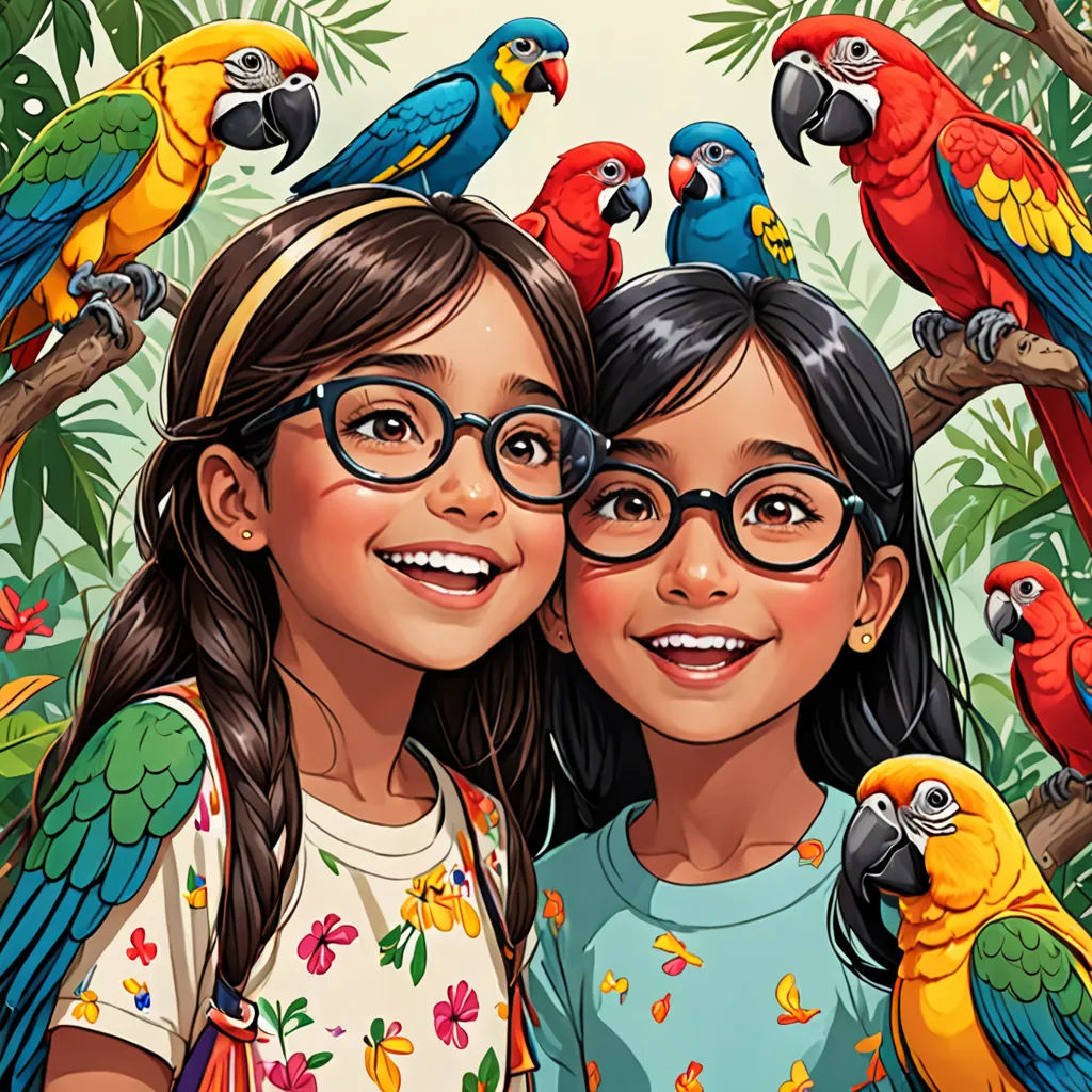 two girls are standing next to each other with parrots on their heads and a tree in the background, photorealism, a storybook illustration, Chris LaBrooy, highly detailed digital painting