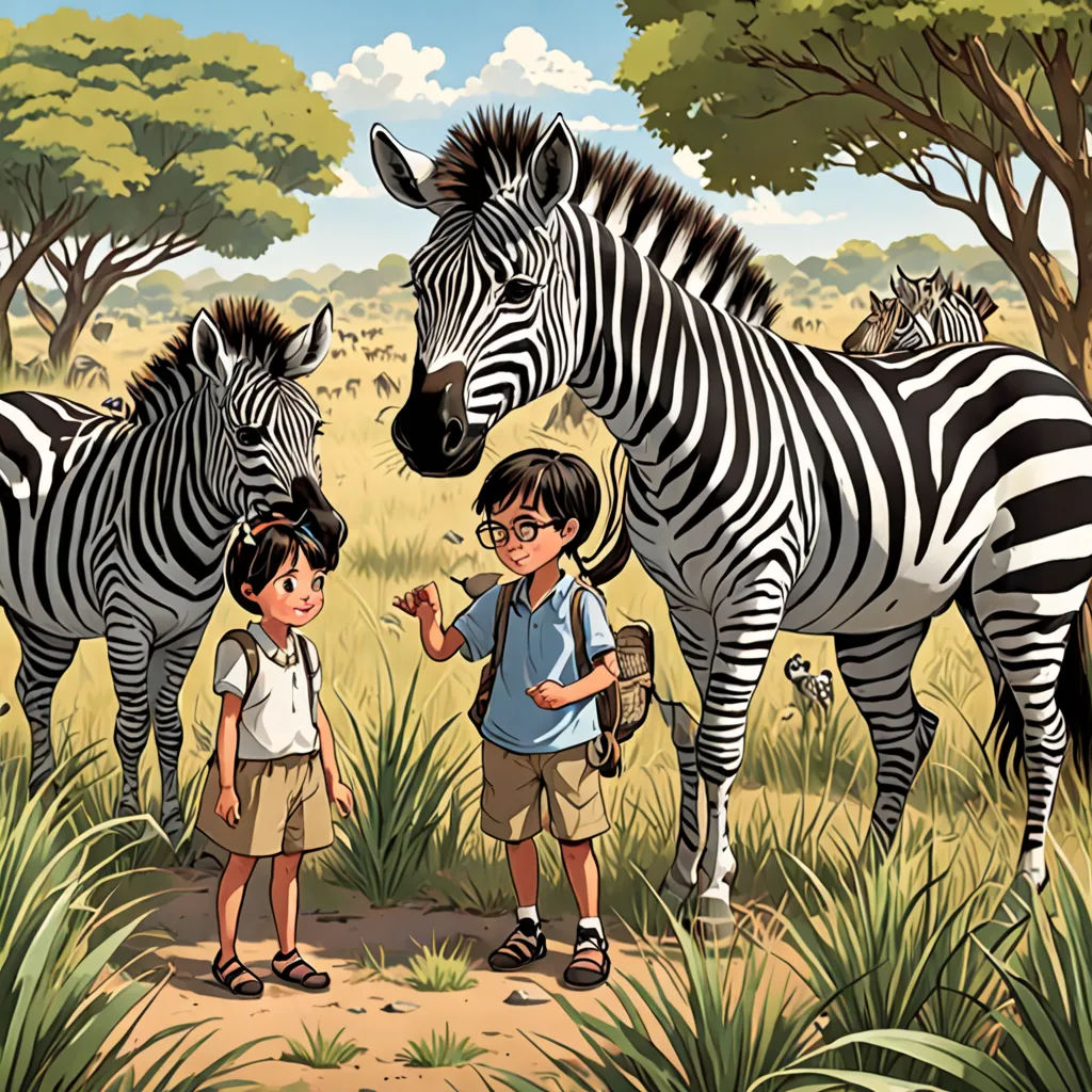 a boy and a girl standing in front of a zebra in a field with other zebras in the background, magical realism, a storybook illustration, Asaf Hanuka, storybook illustration